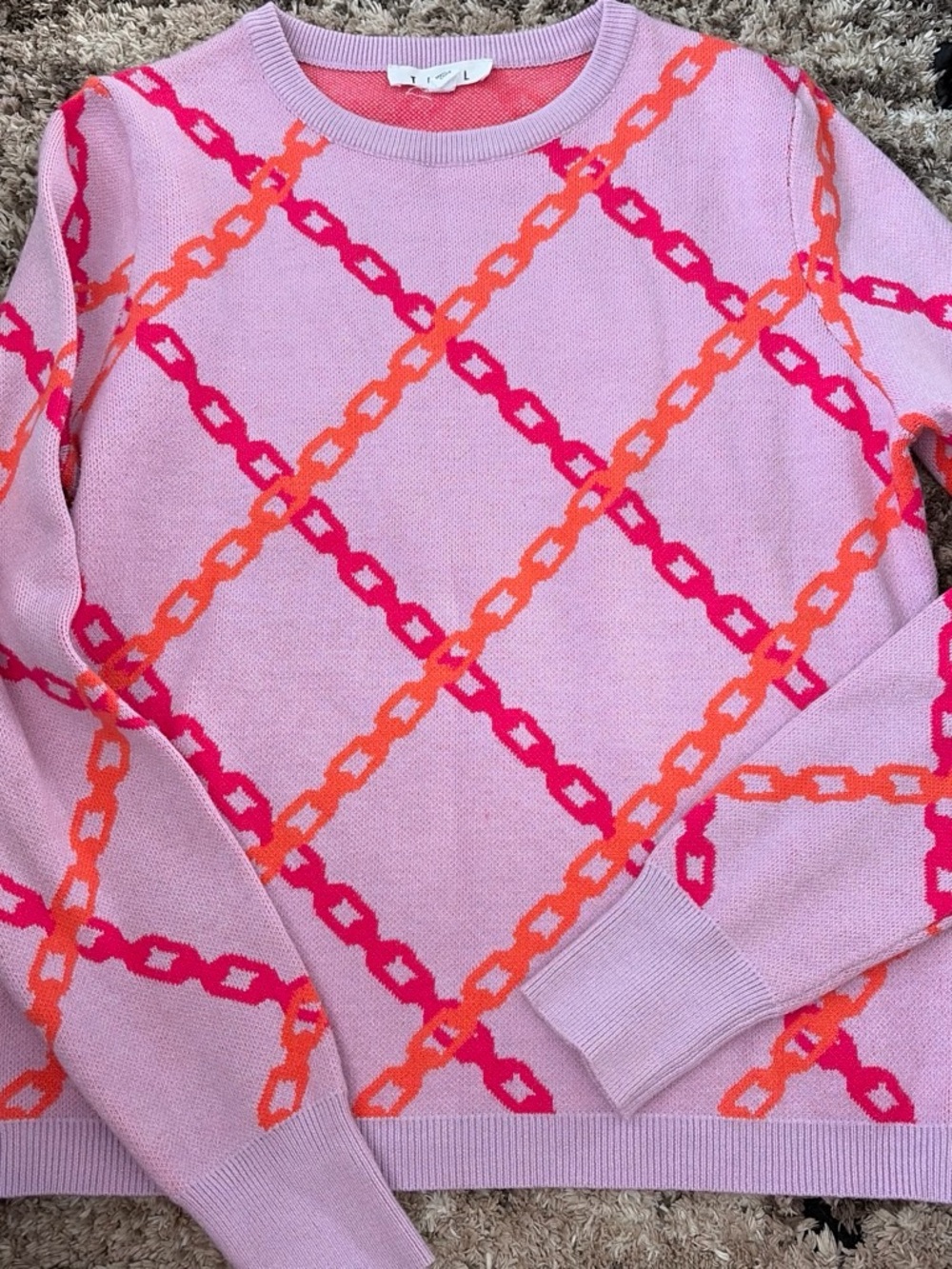 THML Light Pink Chain-Print Crewneck Sweater with Pink & Orange Chains